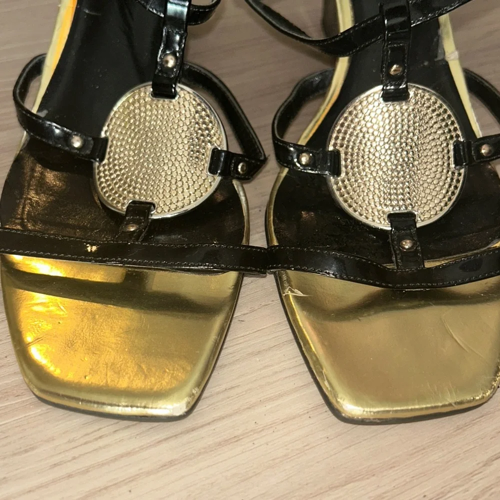 Nickels Wedge Heels 8.5 Black Gold Medallion Patent Leather Ankle Strap Dressy